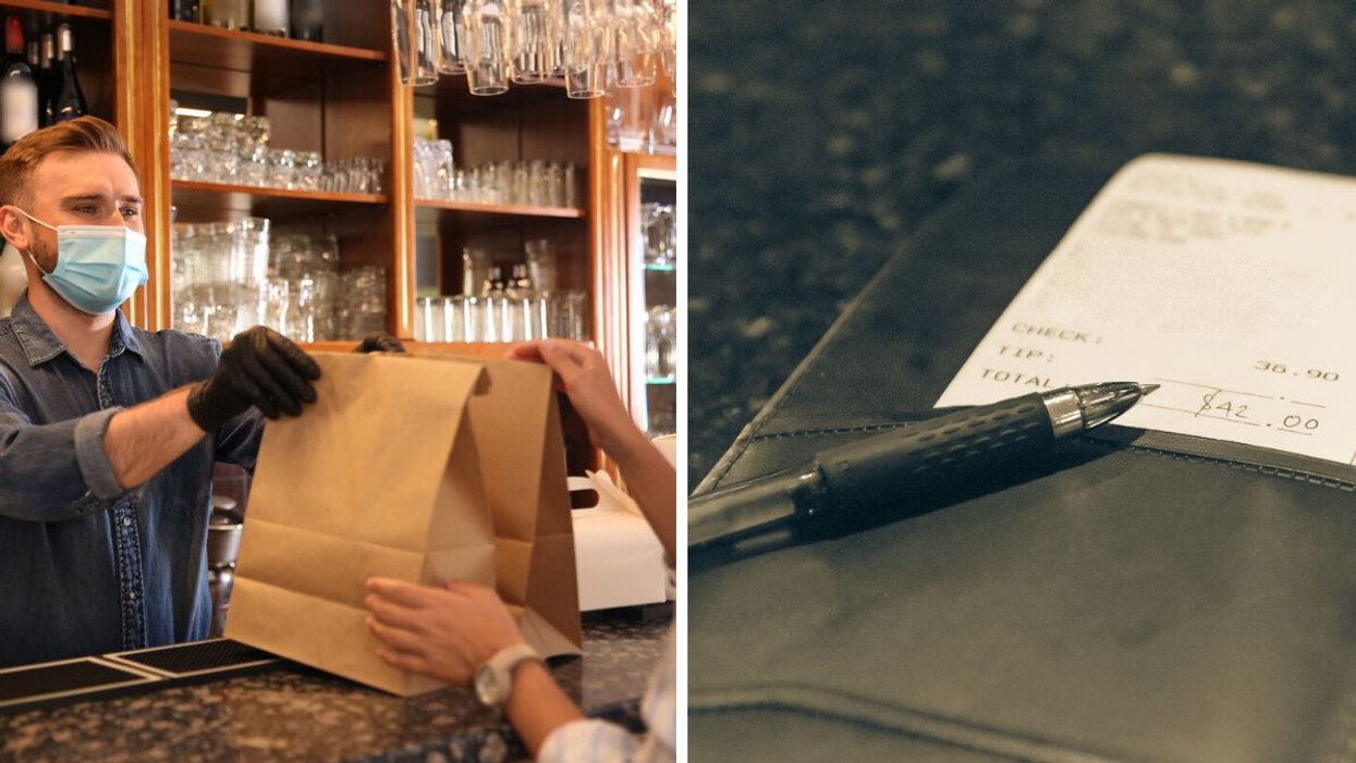 Someone picking up a takeout food order. Right: The bill at a restaurant.