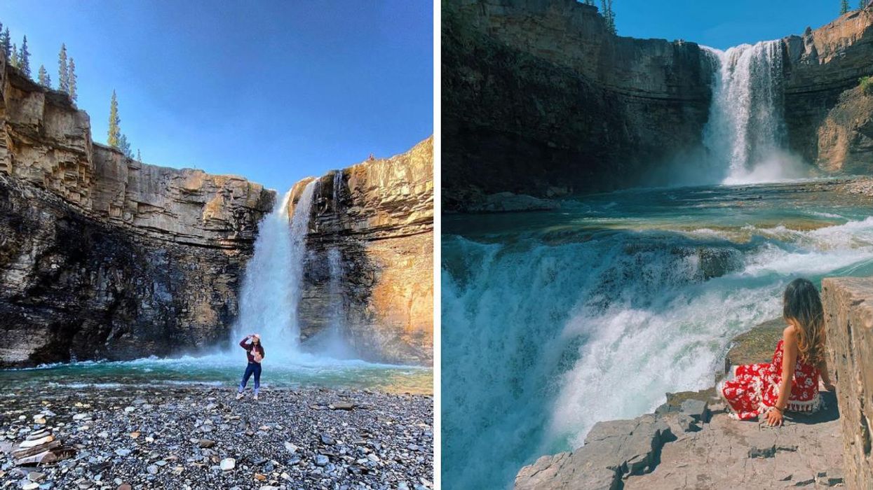 Someone posing at the bottom of Crescent Falls. Right: Someone sitting by the middle of Crescent Falls.