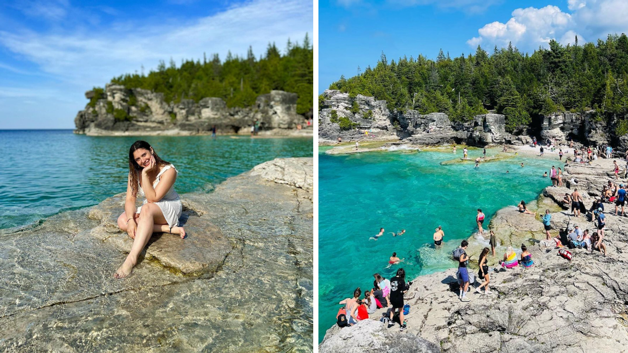Someone posing at the grotto in Tobermory. Right: Crowds of tourists at the Grotto.