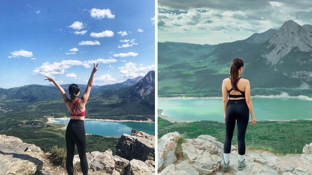 Someone posing in front of Barrier Lake. Right: Someone looking out over the lake.