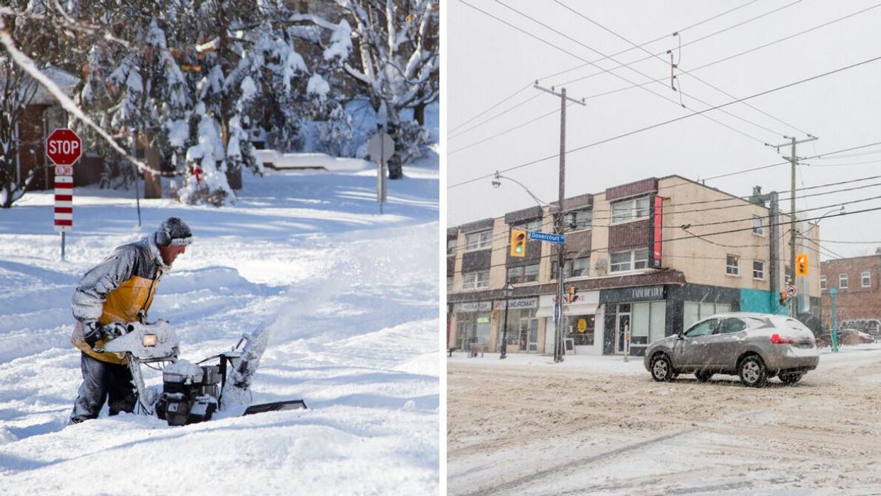 Someone pushing a snow plow in Ontario. Right: A snowy Toronto street.