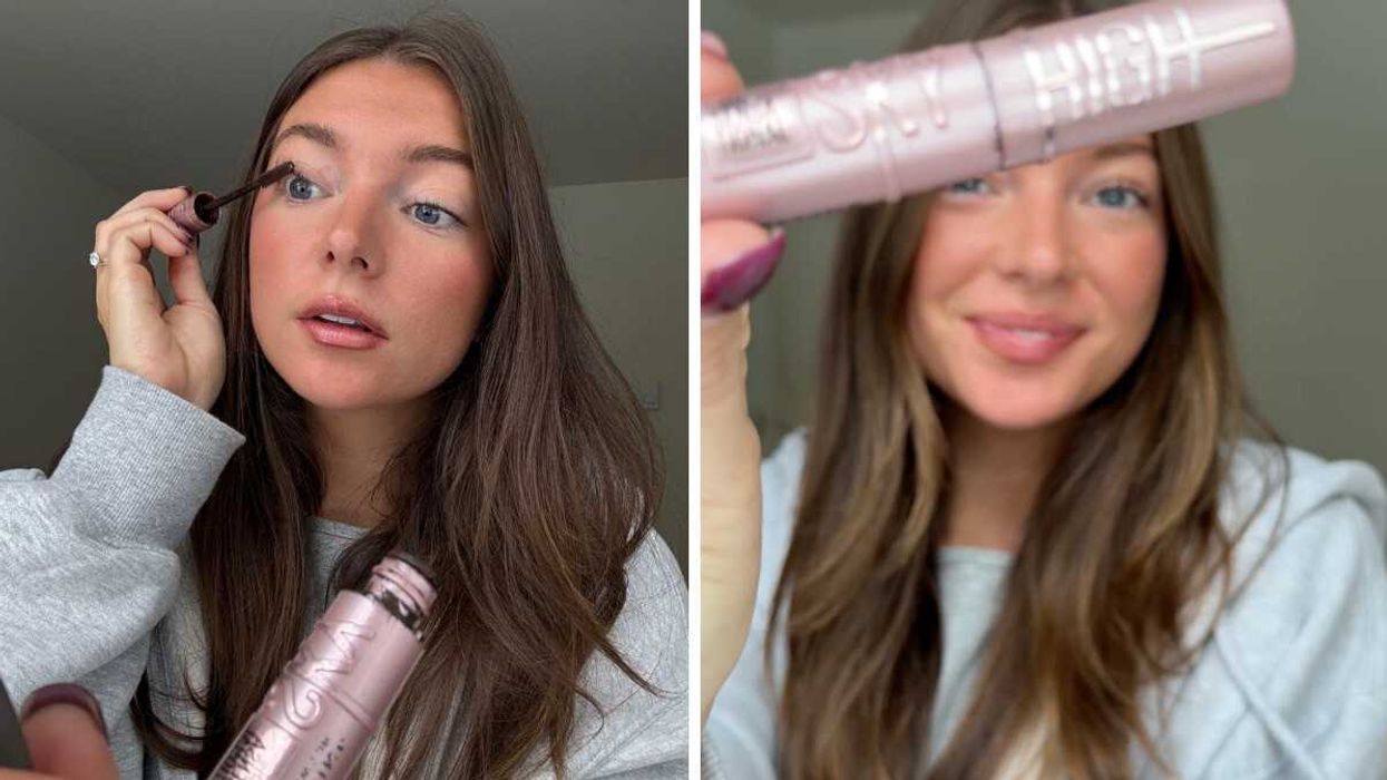 Someone putting on Maybelline New York Lash Sensational Sky High Mascara. RIght: Someone holding Maybelline Sky High Mascara.