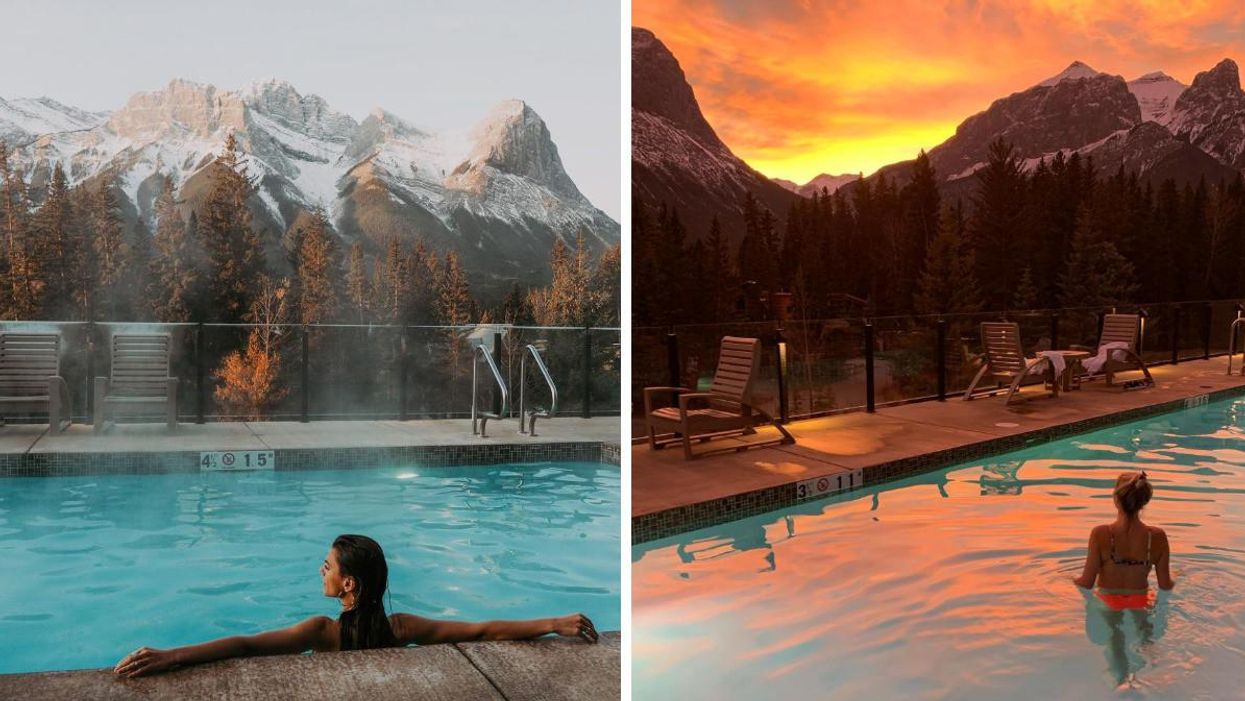 Someone relaxing in the rooftop pool at The Malcolm. Right: The sun setting over the mountains near the pool.