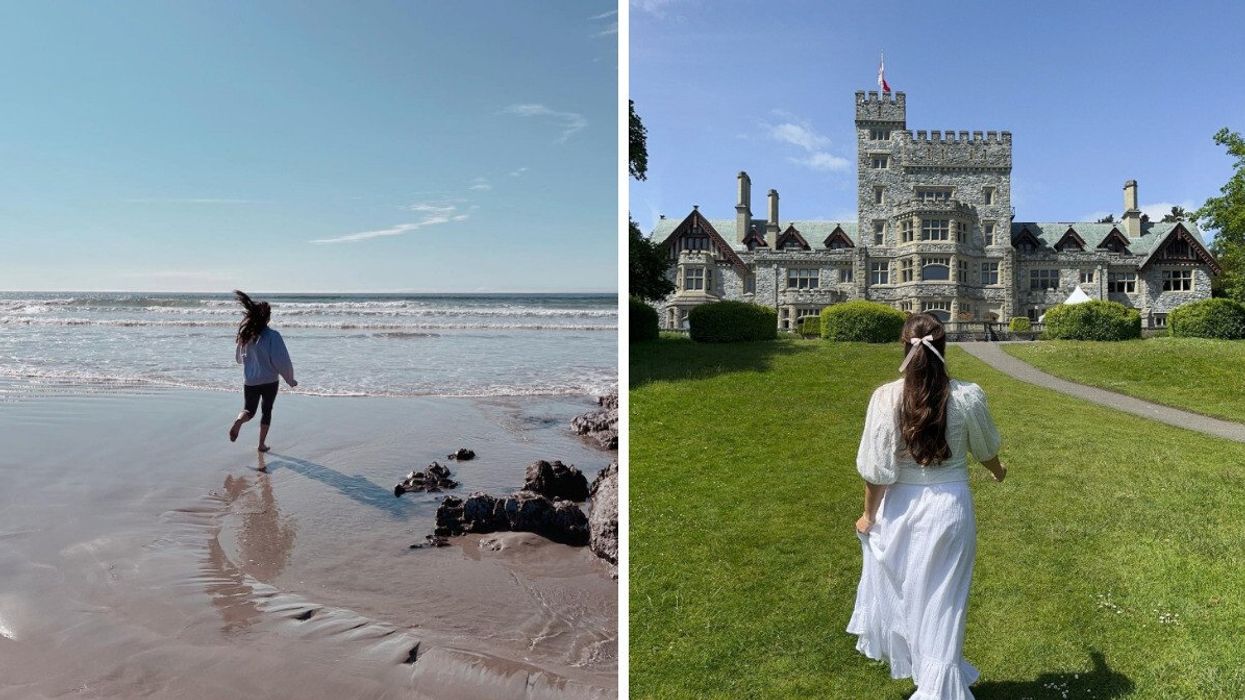 Someone running on a beach. Right: Person walking to a castle.
