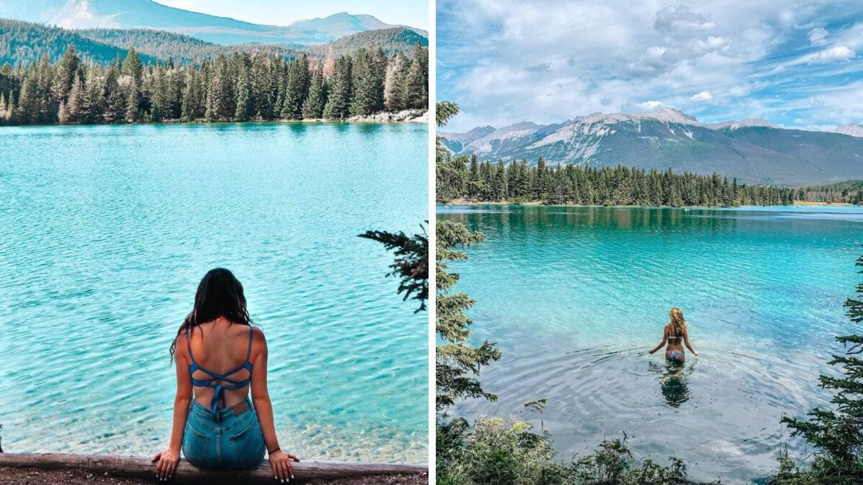 Someone sat by Lake Annette. Right: Someone swimming in Lake Annette.