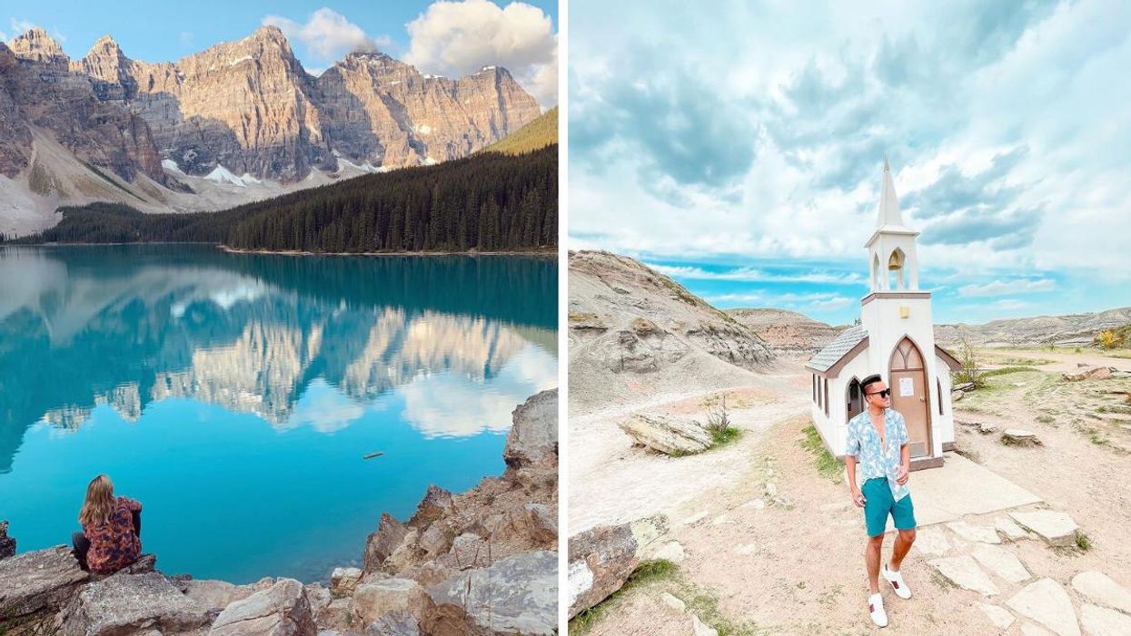 Someone sat by Moraine Lake. Right: Someone by Drumheller's Little Church.