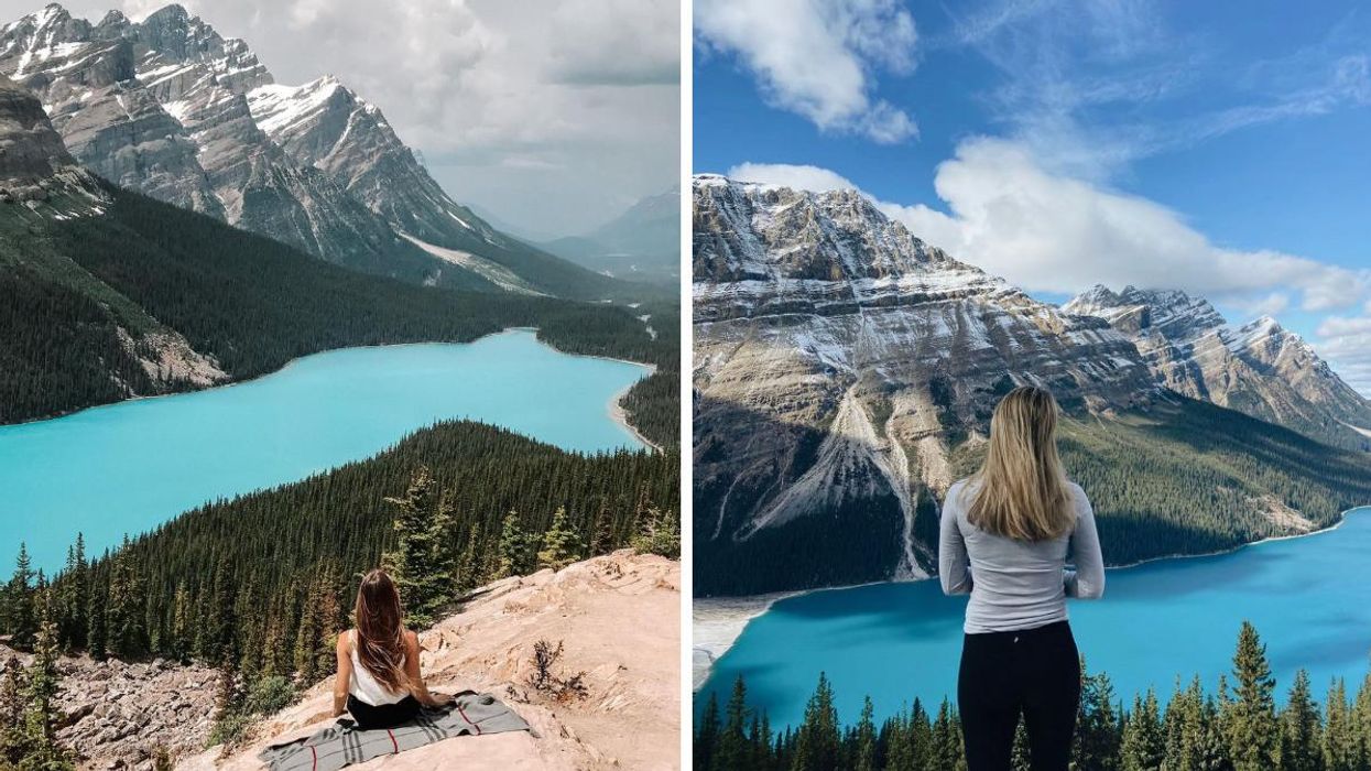 Someone sat by Peyto Lake. Right: Someone looking out over Peyto Lake.