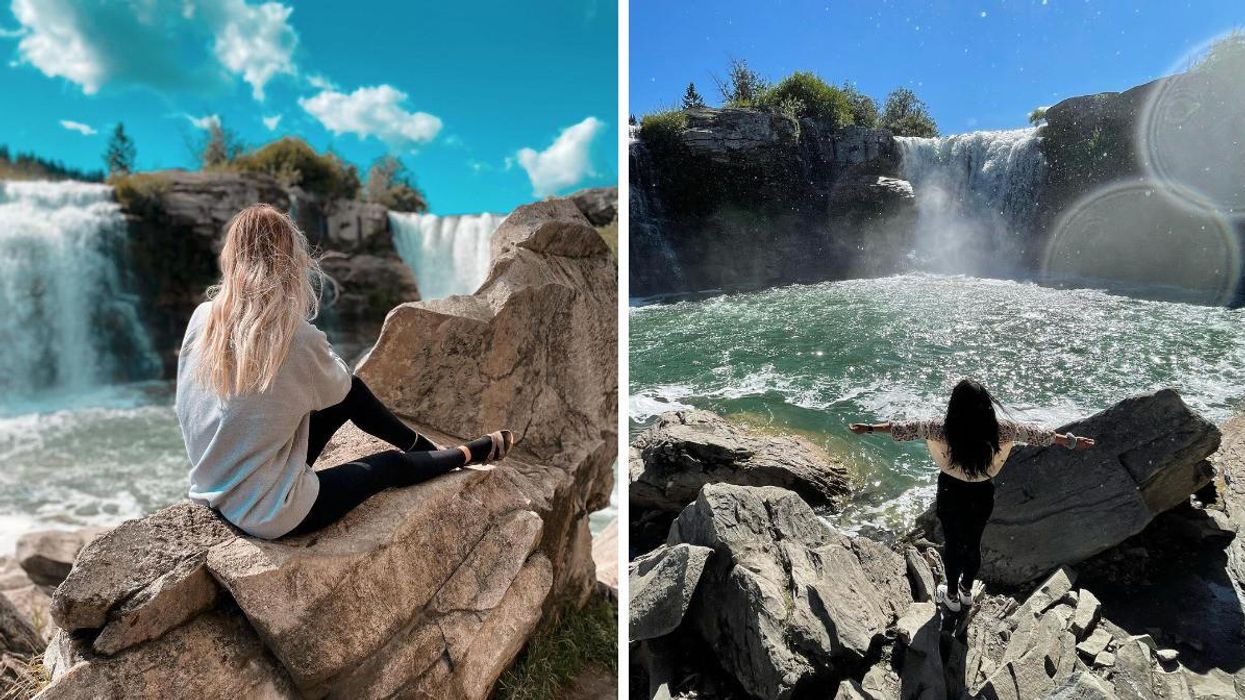 Someone sat looking out on Lundbreck Falls. Right: Someone stood by Lundbreck Falls.
