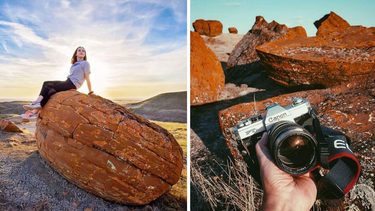 Someone sat on sandstone at Red Rock Coulee. Right: Someone holding their camera in front of the rocks.