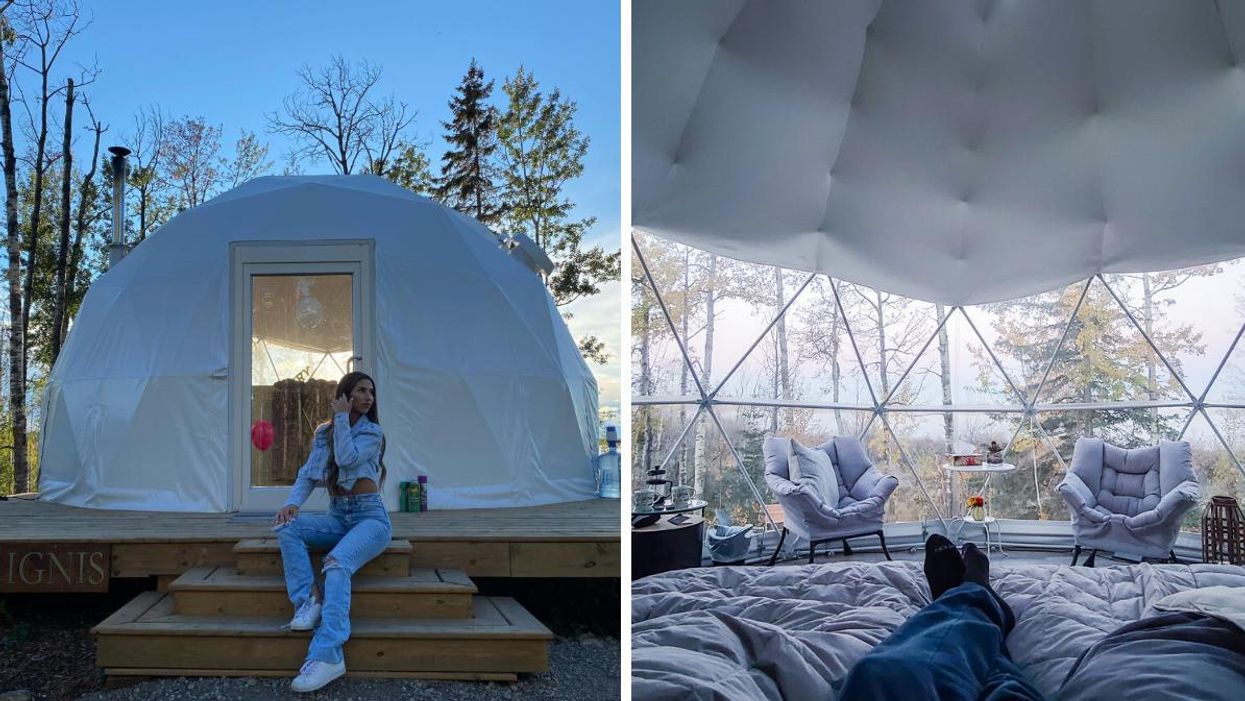 Someone sat outside the Ignis dome. Right: Inside the Ignis dome at Refuge Bay.