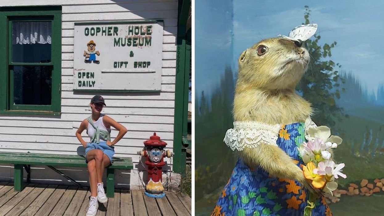 Someone sat outside the World Famous Gopher Museum. Right: One of the museum's gophers.