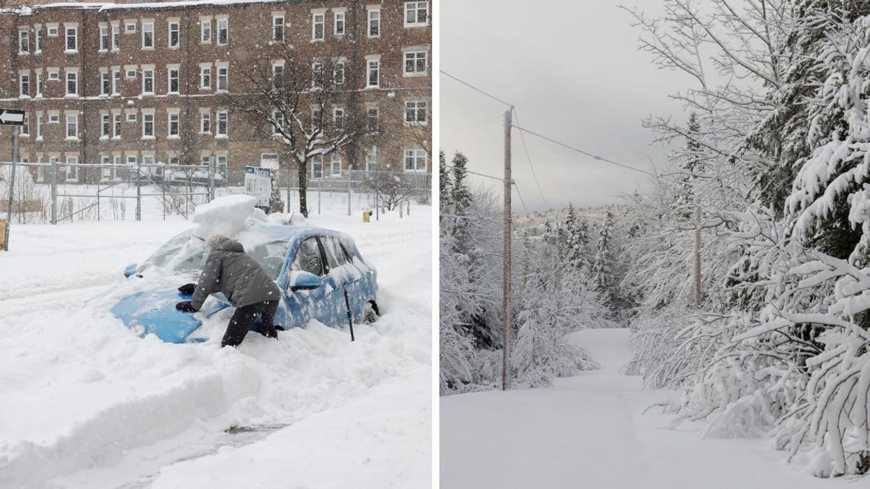 Someone shoveling out their car from the snow. Right: Nova Scotia in winter.
