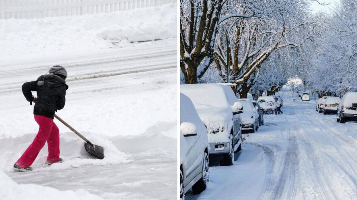 Someone shovelling a driveway. Right: Snow on a street in Vancouver.