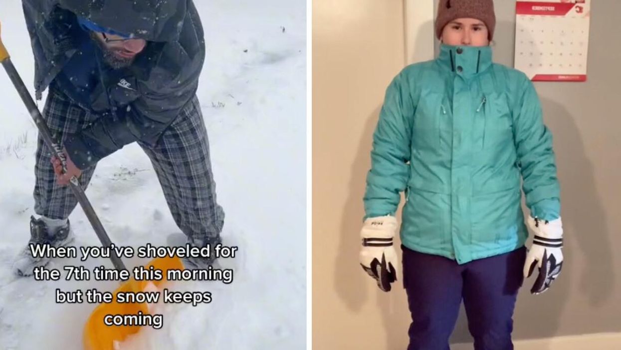 Someone shovelling snow on TikTok. Right: Someone in winter clothes on TikTok.