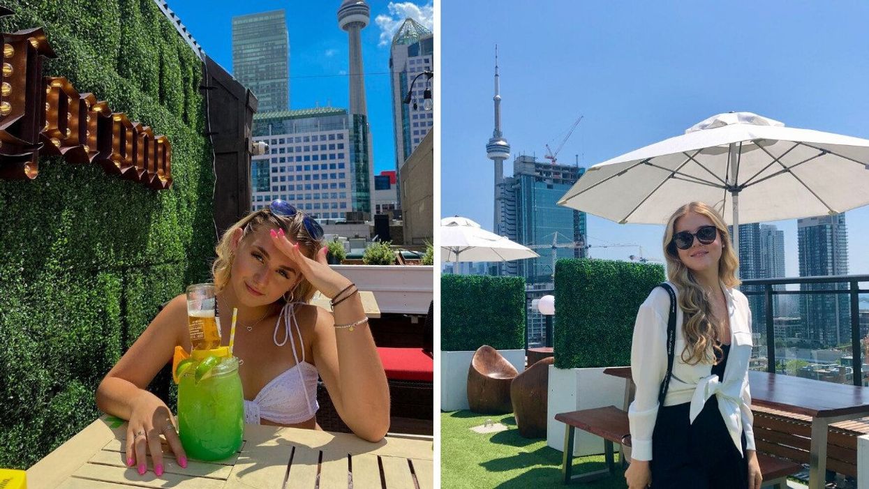 Someone sits on a patio with a large drink. Right: Someone stands on a rooftop patio with the Toronto skyline behind her.