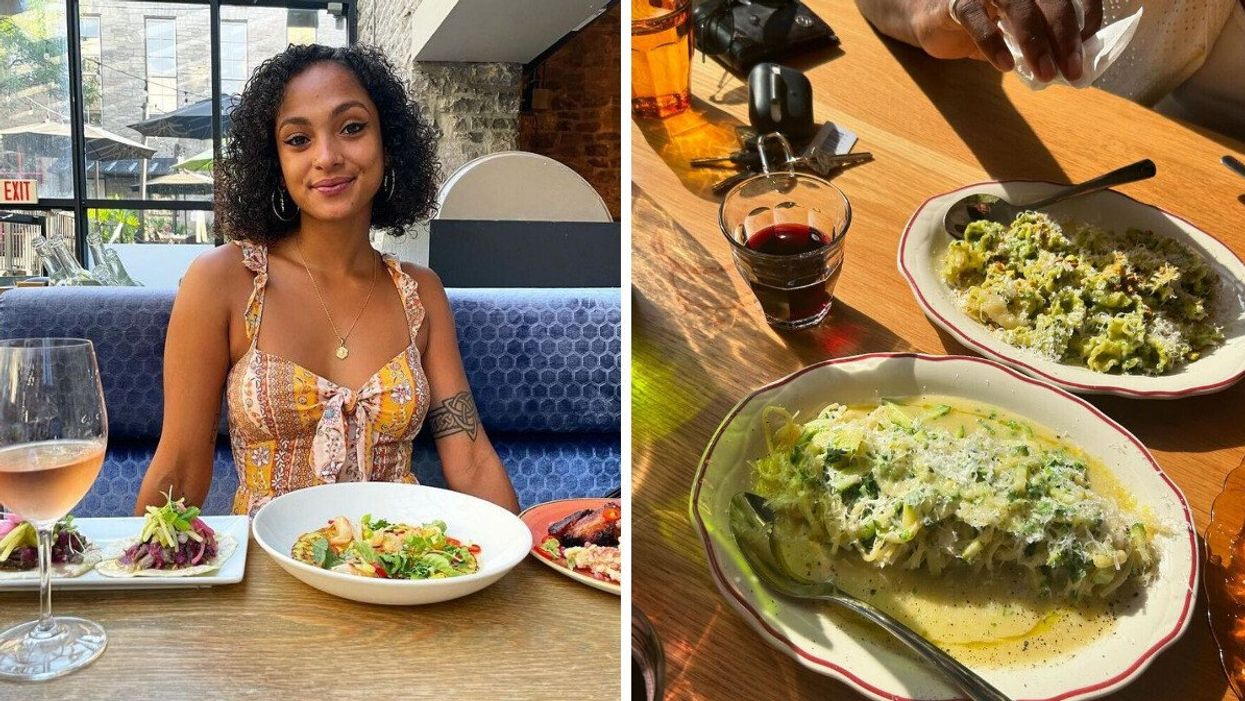 Someone sitting in a booth with plates of food in front of her. RIght: Pasta dishes on a table.