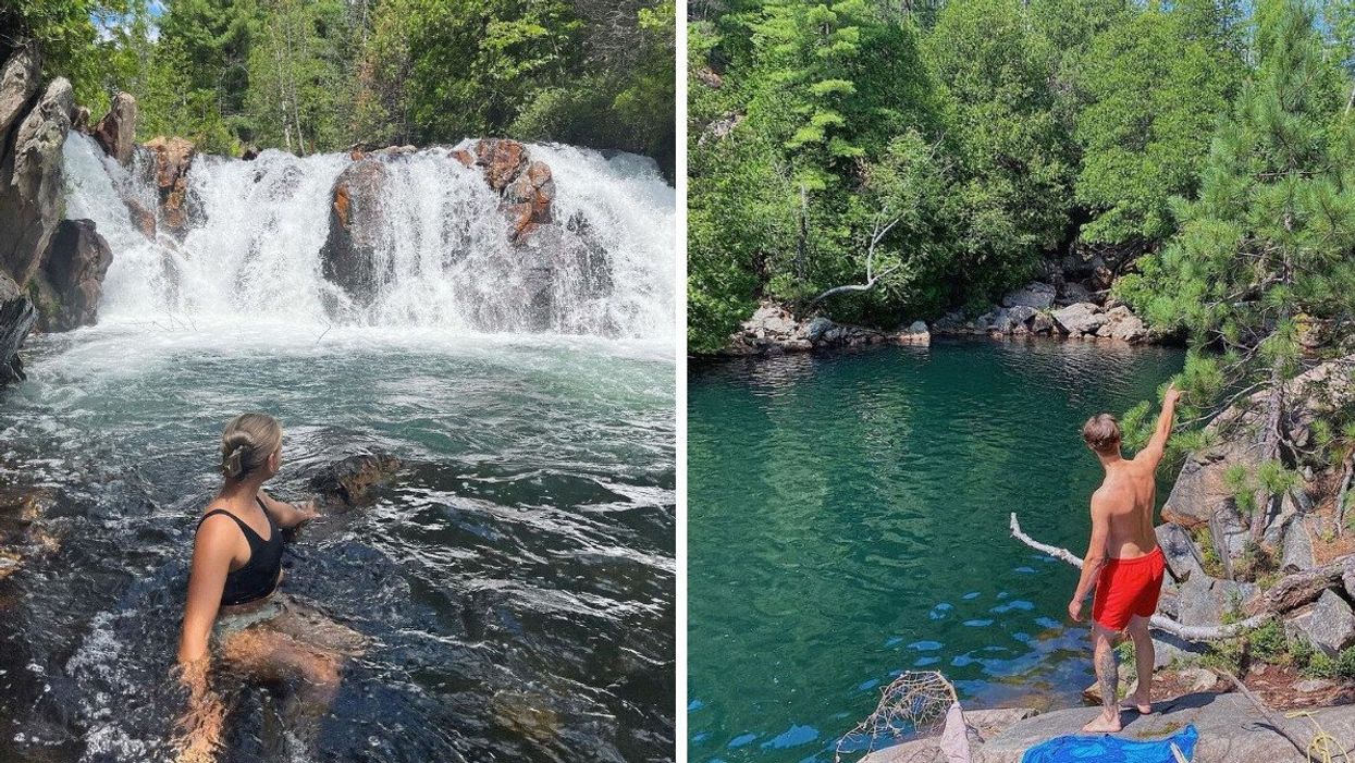 Someone sitting in clear water looking back toward a waterfall. Right: Someone standing in front of bright turquoise water.