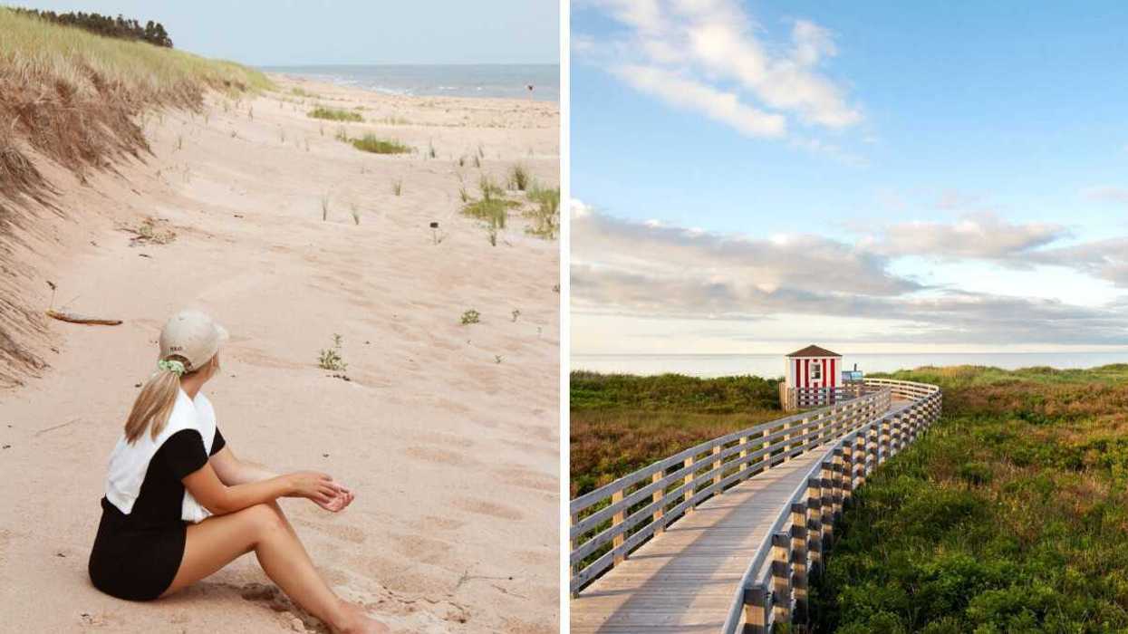 Someone sitting on a beach. Right: A long boardwalk.