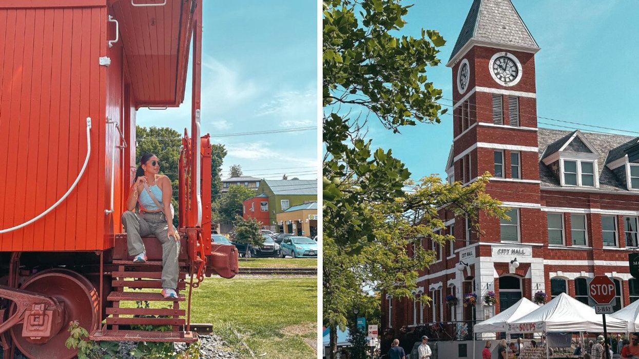 Someone sitting on a train. Right: A city hall.