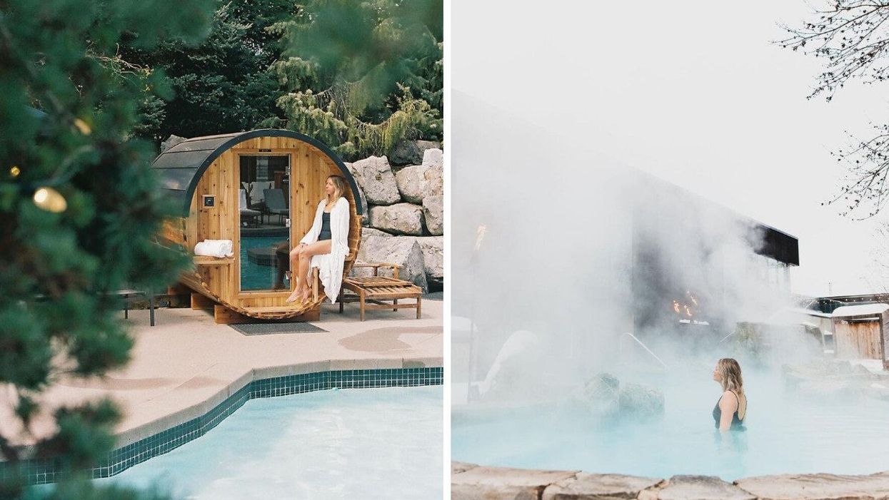 Someone sitting outside an outdoor sauna in front of a pool. Right: Someone in a steamy outdoor hot tub.