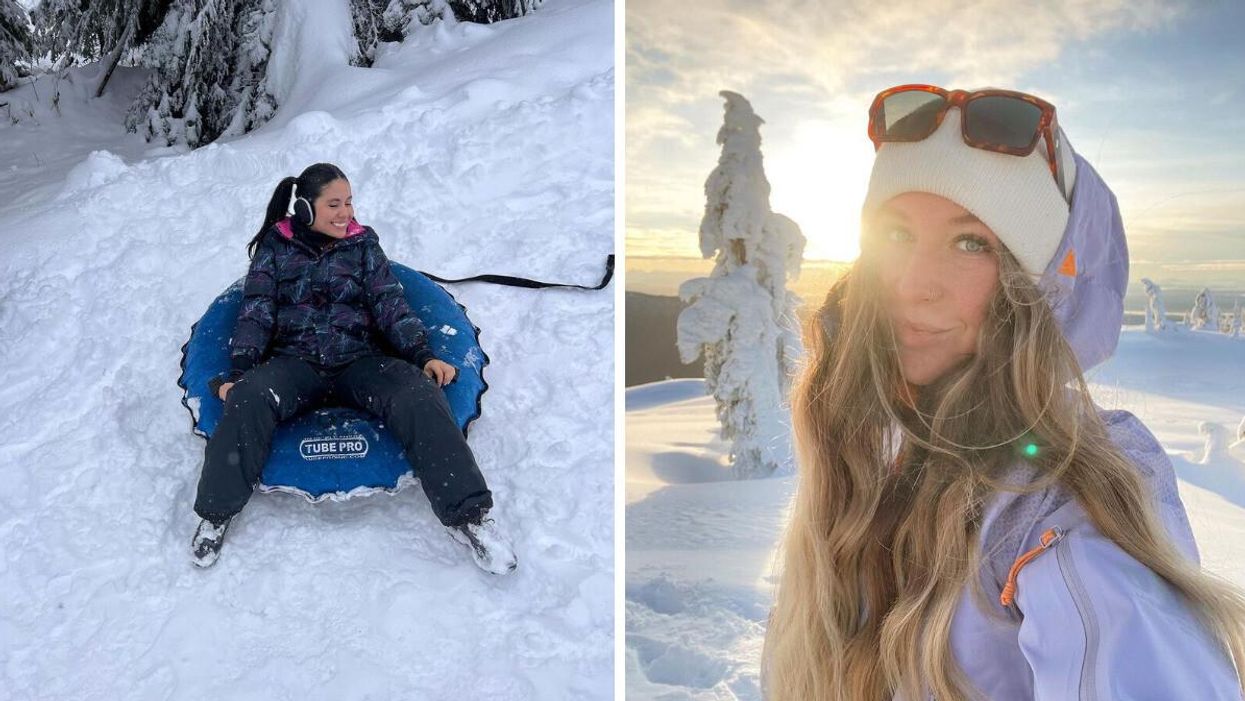 Someone snow tubing on Mount Seymour. Right: someone on a snow tubing hill near Vancouver.
