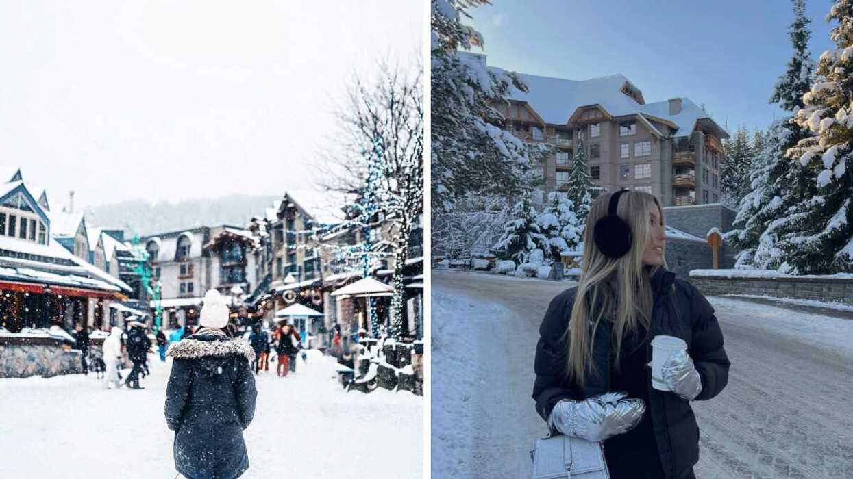 Someone standing in a small town street. Right: A person on a street in the snow.