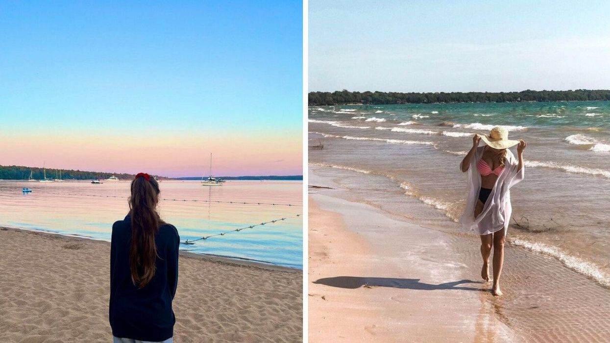Someone standing on a beach looking out over a sunset. Right: Someone walks along a long sandy beach.