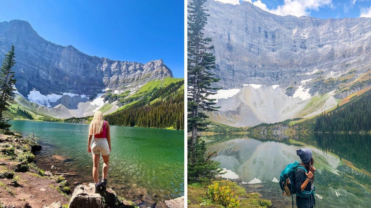 Someone standing on a rock at Rawson Lake. Right: Someone at Rawson Lake.