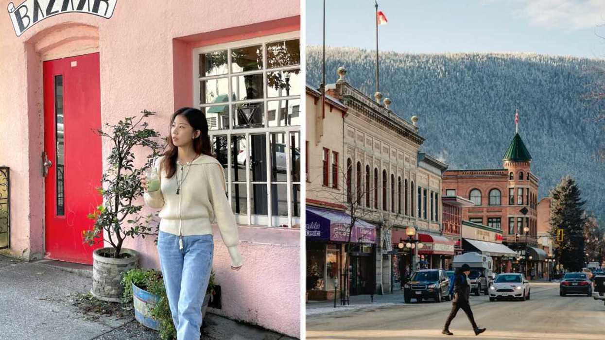 Someone standing outside a pink building. Right: A small city street.