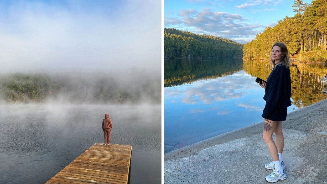 Someone stands at the end of a dock looking out at a misty river. Right: Someone stands at the shore of the river.