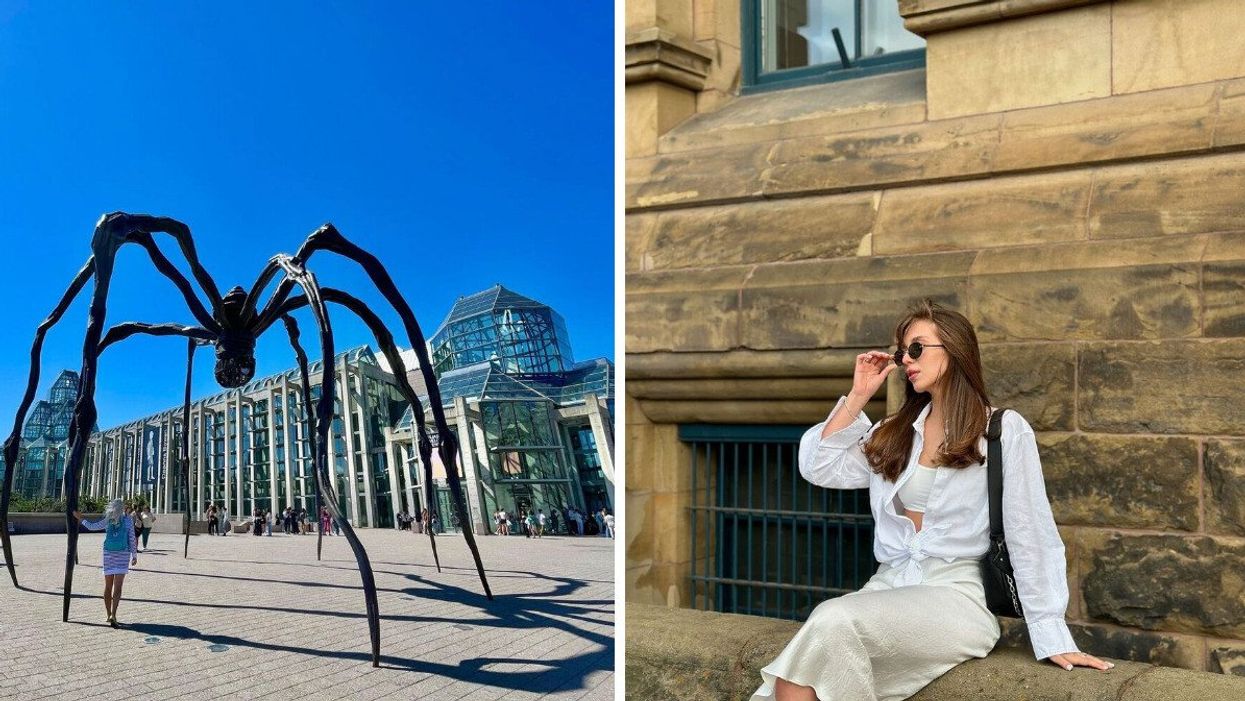 Someone stands under a giant iron spider sculpture. Right: Someone sits on a ledge outside a gothic-style building.
