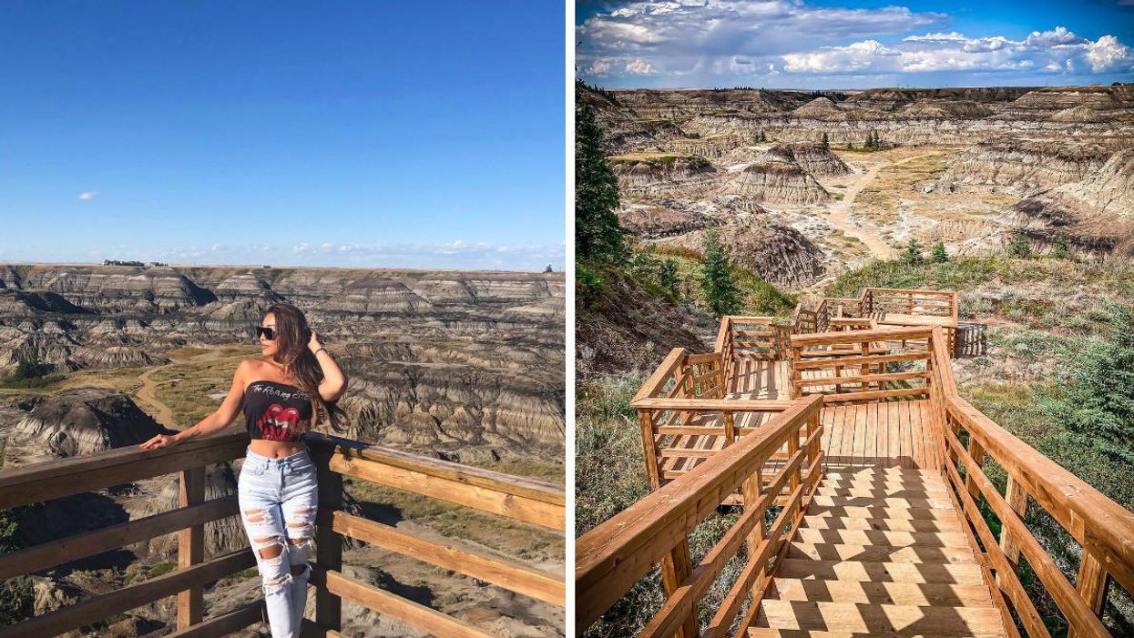Someone stood at Horseshoe Canyon. Right: Stairs down into the Canyon.