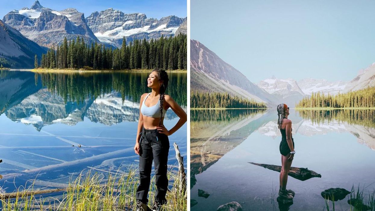 Someone stood by Marvel Lake. Right: Someone looking out over Marvel Lake.