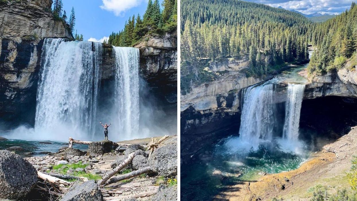 Someone stood near Kakwa Falls. Right: An overhead view of Kakwa Falls.