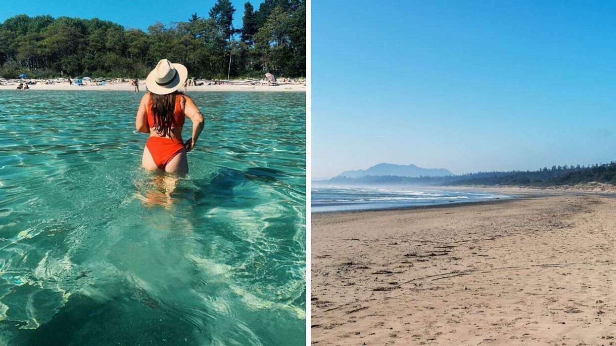 Someone swimming at Tribune Bay, B.C. Right: Long Beach in Tofino, B.C.