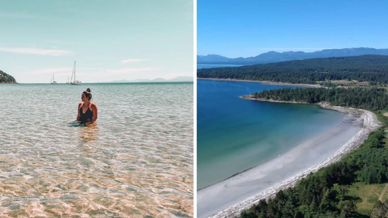 Someone swimming at Tribune Bay Provincial Park in B.C. Right: Tribune Bay Provincial Park in B.C.