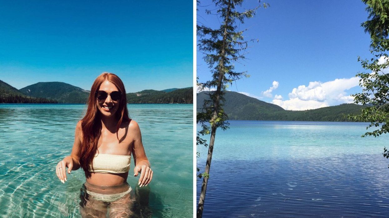 Someone swimming in a lake. Right: A lake with bright blue water.
