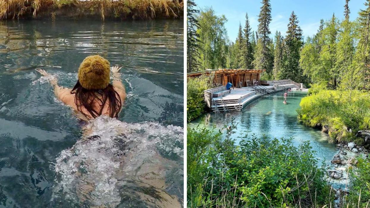 Someone swimming in Liard River Hot Springs, in B.C. Right: Liard River Hot Springs in B.C.