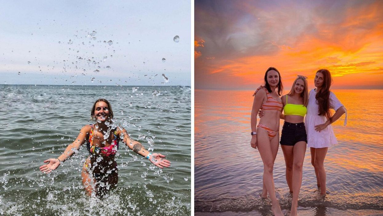 Someone swimming in the water. Right People posing at the beach during sunset.