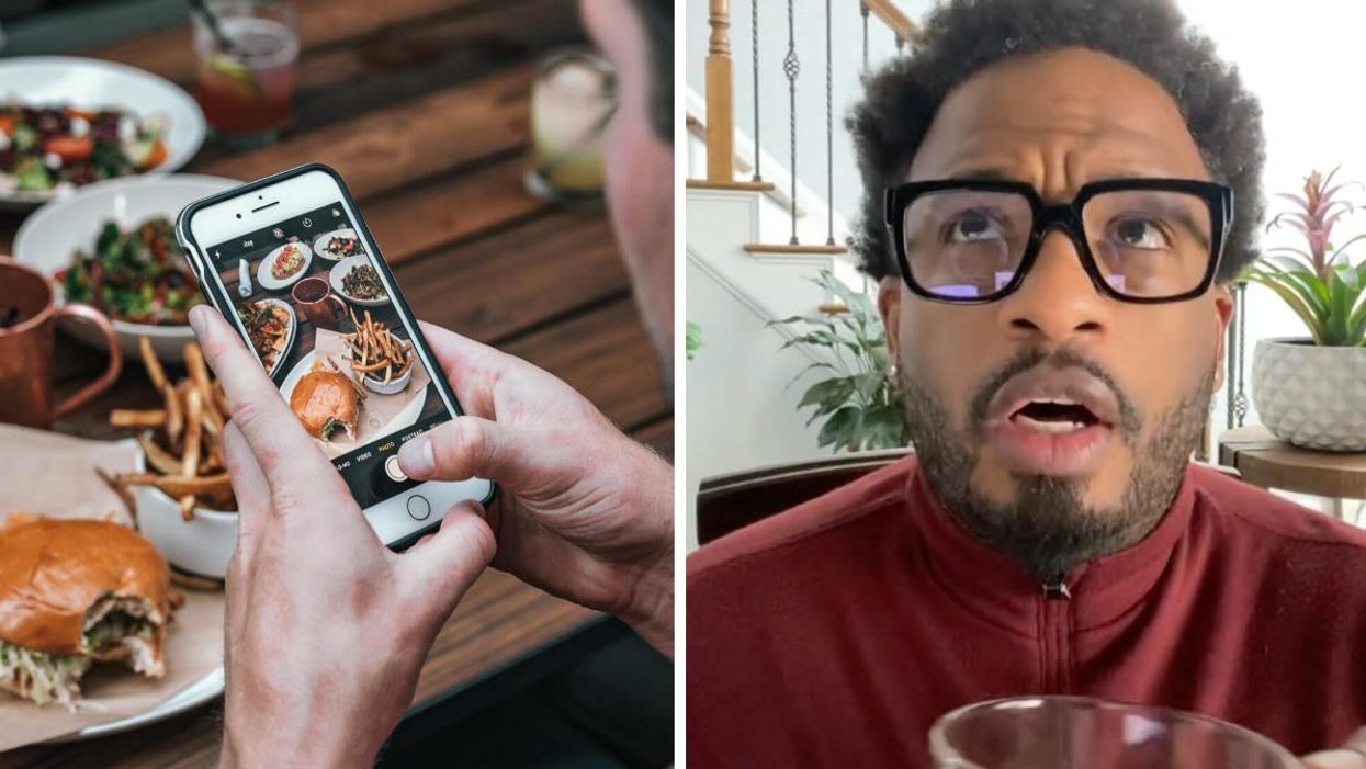 Someone takes a photo of a table of food on an iPhone. Right: Zackory Kirk on TikTok.