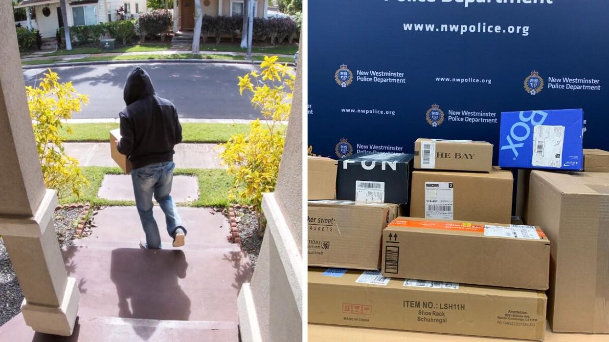Someone taking a package from a porch. Right: Bait packages.