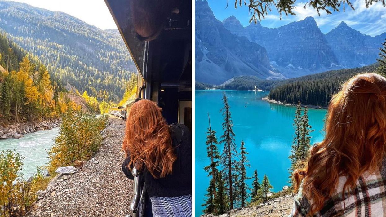 Someone travelling on the Rocky Mountaineer train in Alberta.