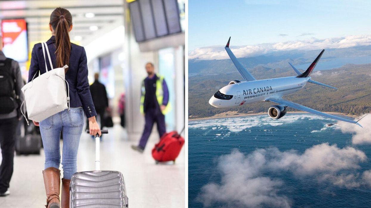 Someone travelling through an airport. Right: An Air Canada flight.