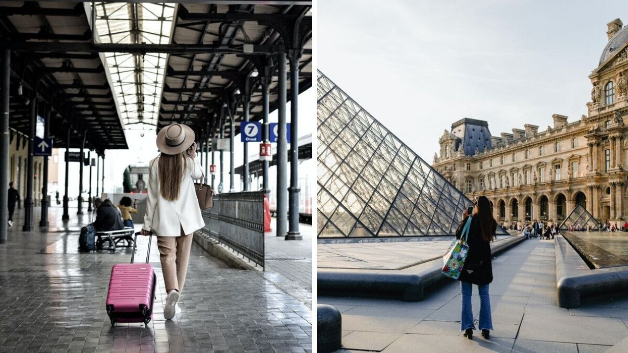 Someone travelling with their suitcase. Right: Someone by the Louvre in Paris.