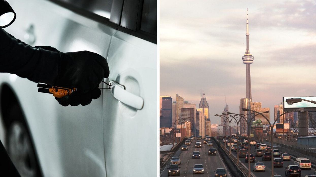 Someone trying to unlock a car door with tools. Right: Traffic in front of the Toronto skyline.