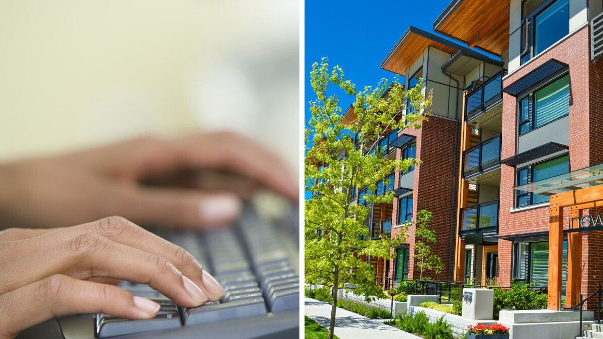 Someone typing on computer. Right: Condo buildings.