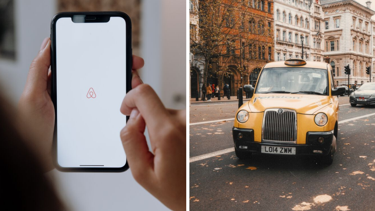 Someone using Airbnb on their phone. Right: A taxi in London.