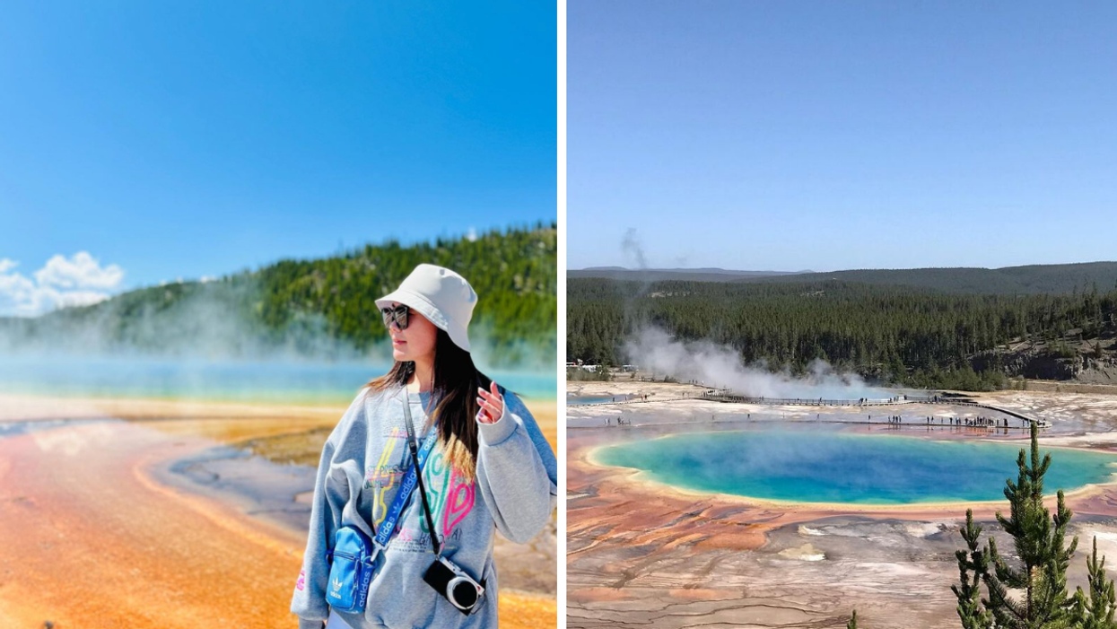 Someone visiting Grand Prismatic Spring. Right: Grand Prismatic Spring