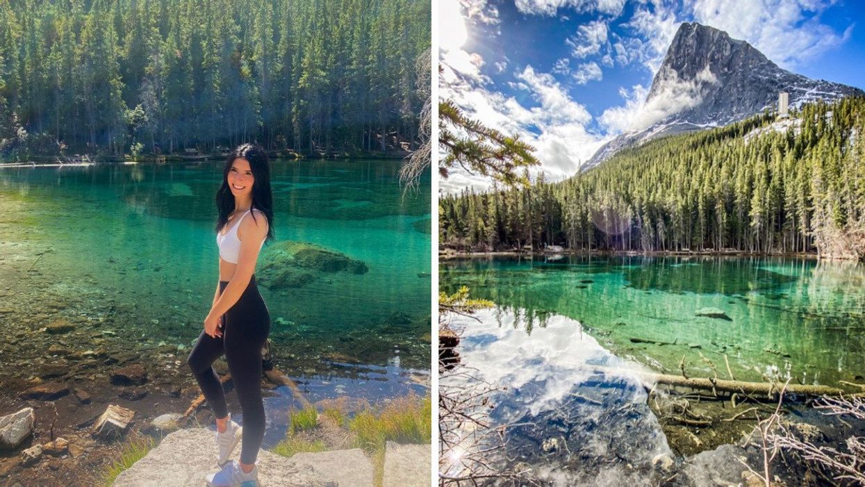 Someone visiting Grassi Lakes in Kananaskis. Right: Grassi Lakes is an easy hiking trail.