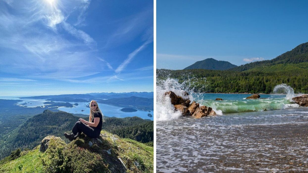 Someone visiting Haida Gwaii. Right: A Haida Gwaii beach.